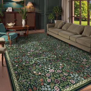 Lahome Claude Floral Area Rugs 9x12 Living Room, Green Soft Bedroom Rugs Non Slip, Thin Dining Room Carpet, Non Shedding Print Carpets for Guestroom