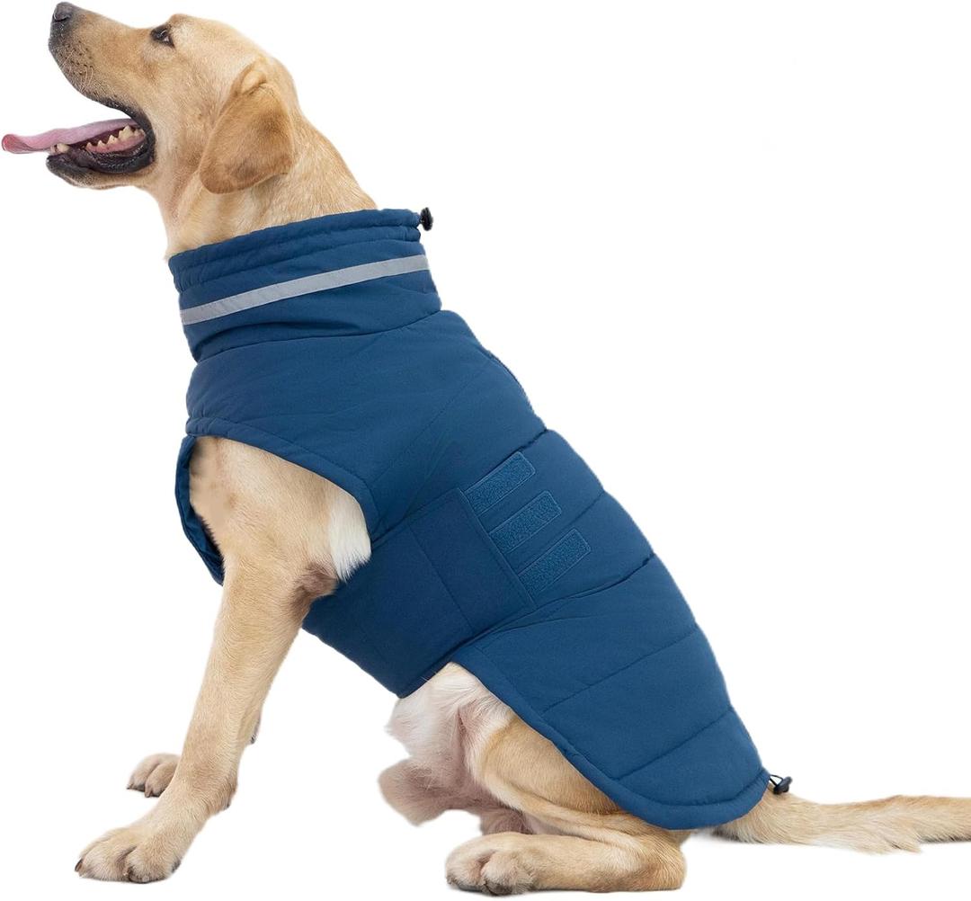 Mklhgty Waterproof Dog Coat for Medium and Large Dogs, Warm Dog Winter Jacket, Reflective Windproof Turtleneck Coats with Adjustable Hook & Loop - Blue - L