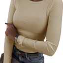 Roselux Womens Long Sleeve Stretch Crewneck Ribbed T-Shirt Fitted Casual Basic Tops (Medium, Beige)