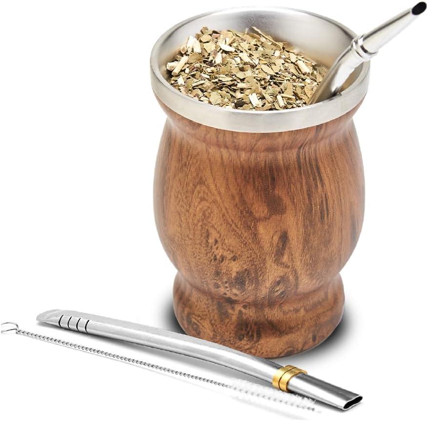 BALIBETOV Stainless Steel Double-Wall Mate Cup And Bombilla Set - Yerba Mate set Includes One Yerba Mate Cup, 2 Bombillas Mate (Straw) & Brush - Easy to Clean (8 Ounces, Wood)