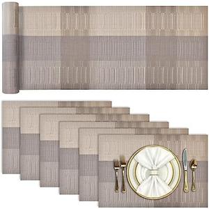Aofmee Table Runner and Placemats Set of 6 Washable, Heat Resistant Place Mats with Table Runner, Woven Vinyl Table Placemats, Stain Resistant Kitchen Table Mats Sets, Easy to Clean, Gold, Set of 7