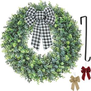 22inch Boxwood Wreaths for Front Door,Spring Summer Fall Winter Wreaths,3 Bows with Hanger, Used in All Seasons for Front Door,Back Door,Indoor, Outdoor Wreath(22inch) (Multicolor)