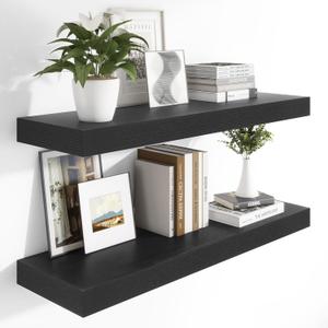 12 Inch Deep Floating Shelves, 48 x 12 inches Long Wall Shelf, Large Display Shelf & Storage Shelf, Rustic Wood Wall Shelves for Fireplace Mantel, Set of 2(Black)
