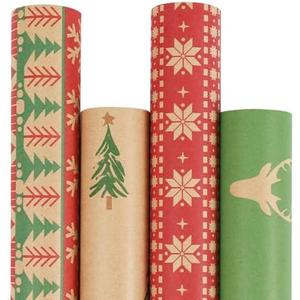 LaRibbons Kraft Christmas Wrapping Paper Set, 30 Inch X 10 Feet (4 Rolls: 100 Sq. Ft. Ttl) Snowflake, Green Tree, Deer Antlers and Gift Box Shapes Design for Xmas, Party, Holiday, Celebration