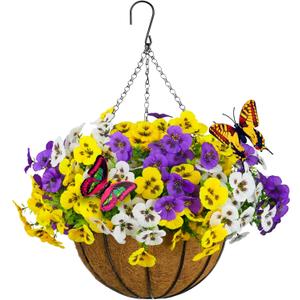 SupBri Artificial Pansies Hanging Flowers with Basket & 2 Fake Butterflies, Silk Flowers for Outdoor Spring Summer Decor, UV Resistant Hanging Plants for Garden Porch Patio (1 Set