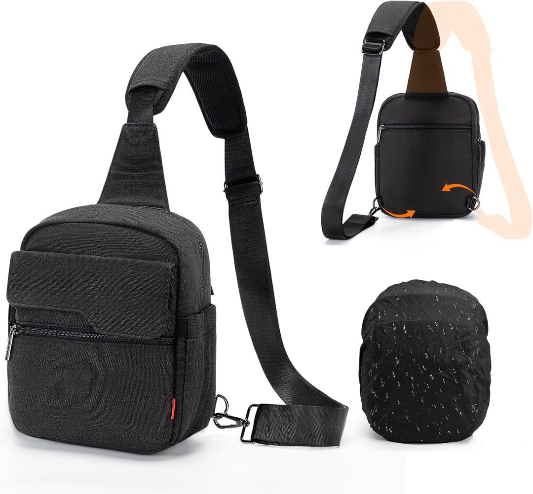 Cwatcun Camera Sling Bag Compact Small Camera Case, Waterproof Canvas Crossbody Camera Bag with Rain Cover, Travel Photography Bag for Canon, Nikon, Sony, Fuji DSLR/SLR/Mirrorless Cameras, Lens (Black)