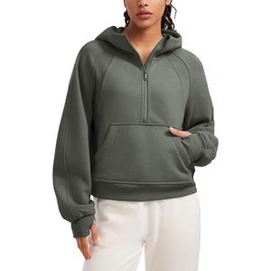 CRZ YOGA Womens Fleece Lined Half Zip Hoodies Pullover Oversized Long Sleeve Casual Workout Sweatshirts with Thumb Holes (Small, Light Army Green)