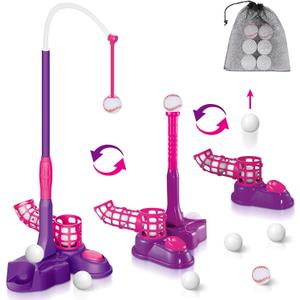 4-in-1 T Ball Set for Toddlers and Kids 3-8: Baseball, Hanging Tee Golf, Pitching Machine & 6 Plastic Balls - Outdoor Sports Toy