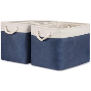 Bidtakay Fabric Storage Baskets with Handles for Organizing 16" x 11.8" x 11.8" Navy Blue Baskets [2-Pack] Shelf Baskets Large Canvas Collapsible Bins for Closet (White&Blue)