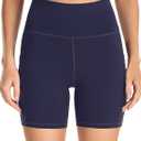 YUNOGA Womens High Waist Biker Shorts with Pockets 6"/8" Yoga Shorts Gym Workout Running Spandex Shorts (Blue, XS)