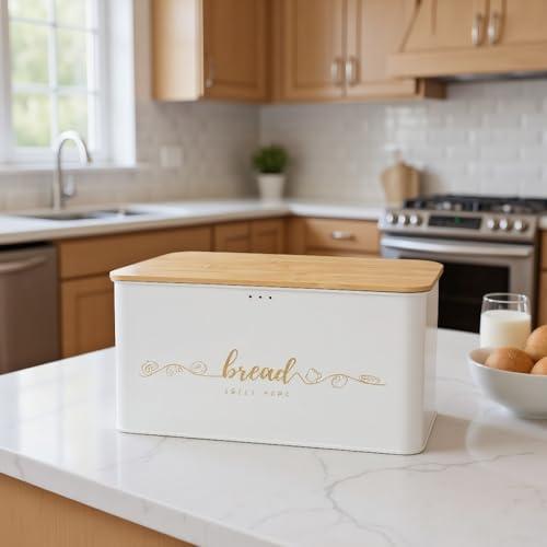 Holismo Bread Box with Bamboo Cutting Board Lid, Metal Bread Box for Kitchen Counter, Small Bread Storage Container, Cream Bread bin for Kitchen Countertop