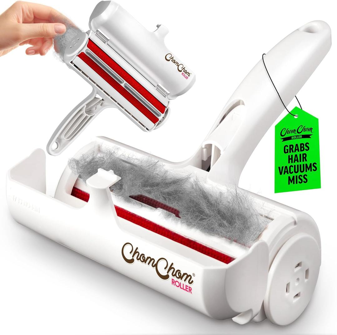 ChomChom Roller Pet Hair Remover  Original Size Reusable Lint Roller for Cat & Dog Hair on Furniture, Couch, Carpet, Car, Rugs & Bedding  Portable, Eco-Friendly (White)