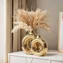 Glossy Gold Ceramic Vase Set of 2,Round Donut Hollow Flower Vases for Home Decor Accents,Modern Minimalist Centerpiece Table Decorations,Wedding,Living Room,Bookshelf,Office,Entryway