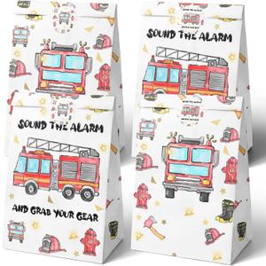 Watercolor Firetruck Party Favor Bags - 24 Pcs Firetruck Party Candy Bags with Stickers - Firetruck Goodie Gift Treat Bags - Watercolor Firetruck Themed Birthday Party Supplies