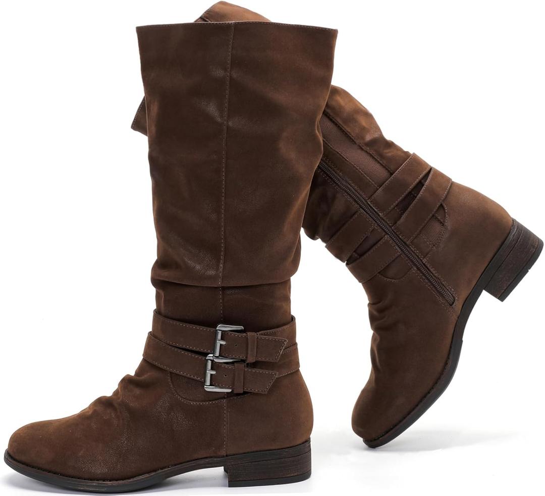 Luoika Women's Extra Wide Calf Slouchy Boots, Wide Width Flat Heel Mid Calf Boots for Women, Brown, 210403, 11W
