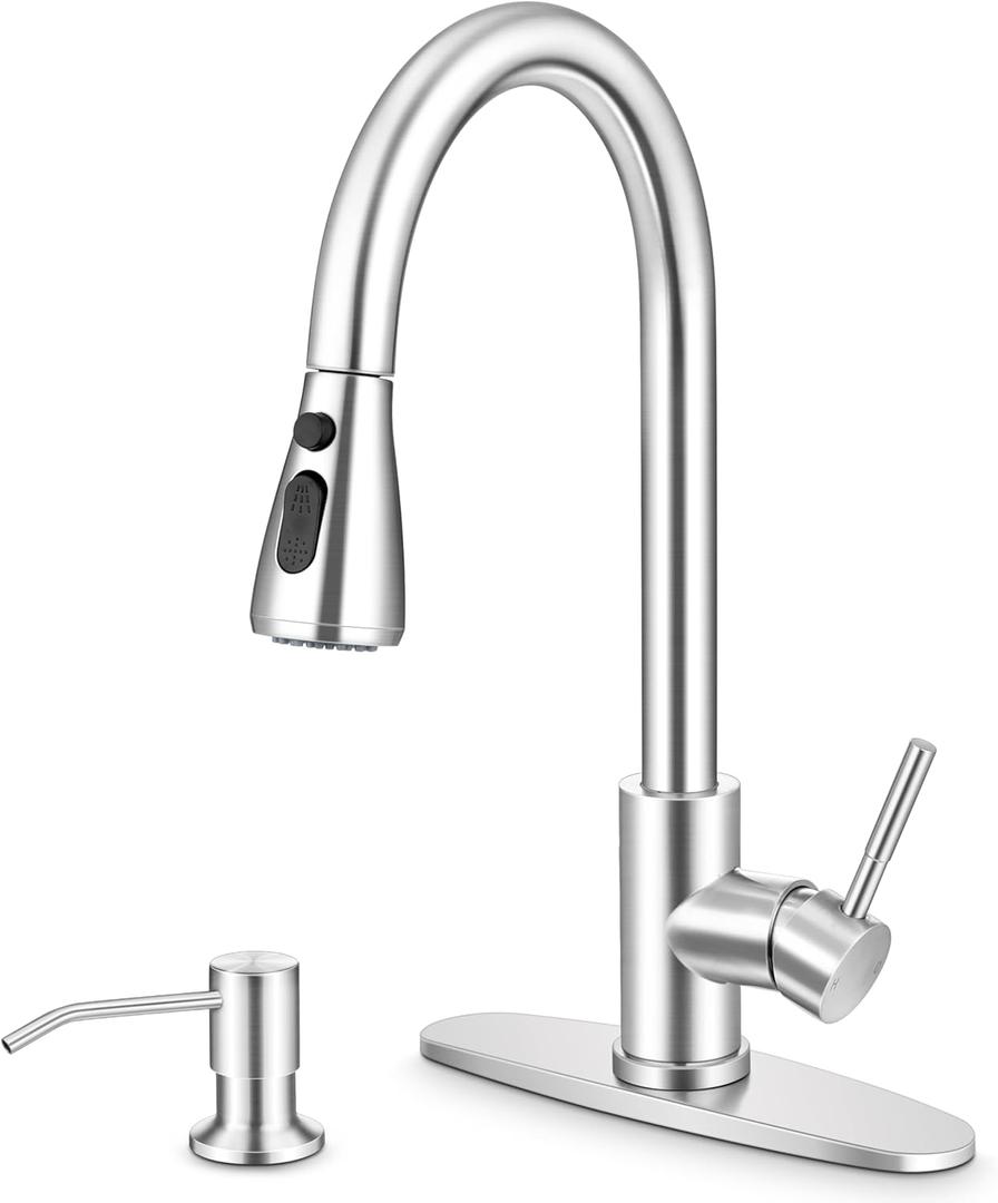 Herogo Brushed Nickel Kitchen Sink Faucet Set with Pull Down Sprayer and Soap Dispenser, Stainless Steel Rv Outdoor Kitchen Faucet for 1-3 Hole with Pop Up Drain, Deck Plate and Supply