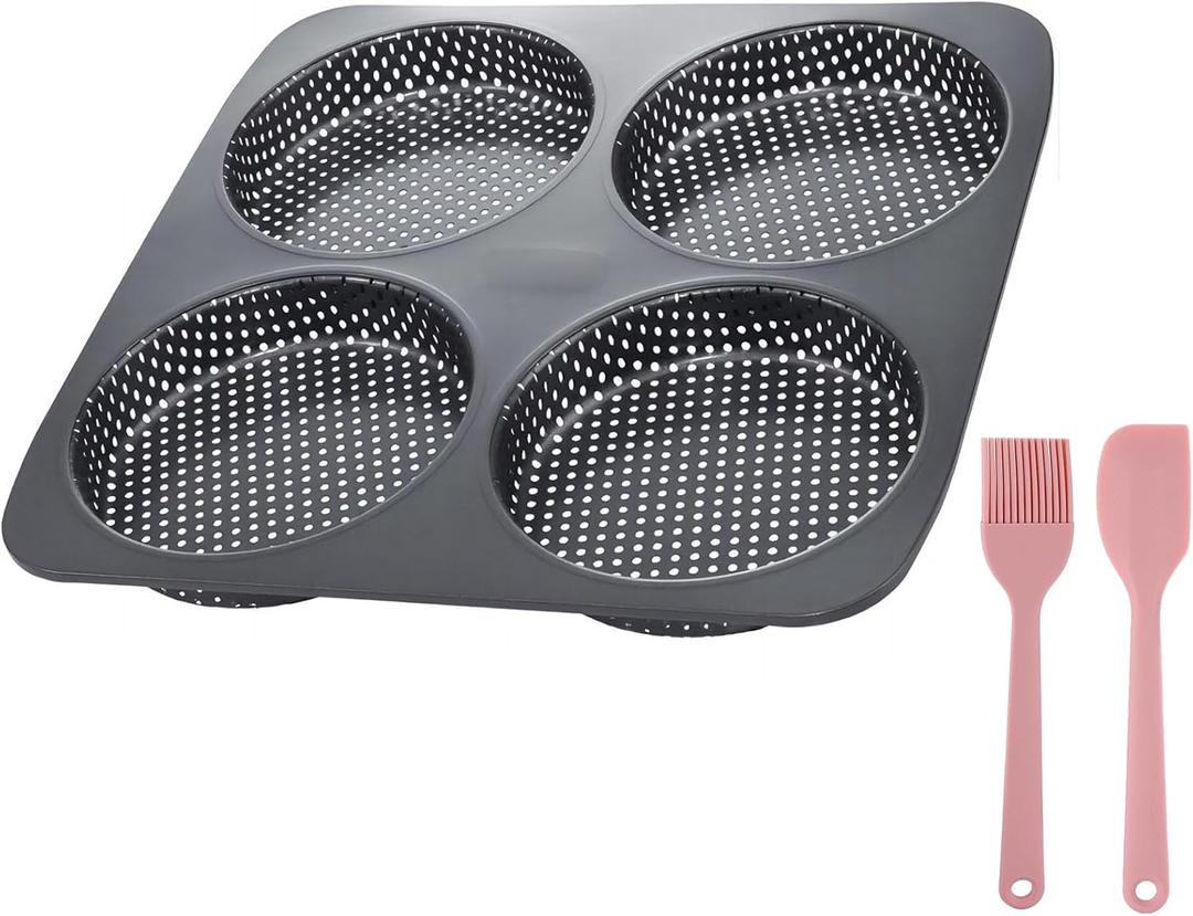 Large Hamburger Bun Pan, 5 Inch Perforated Commercial Non-Stick Carbon Steel Baking Mold, 4-Cavity Big Baking Pan for Homemade Hamburger Buns Meat Pie Bread Mini Pizza