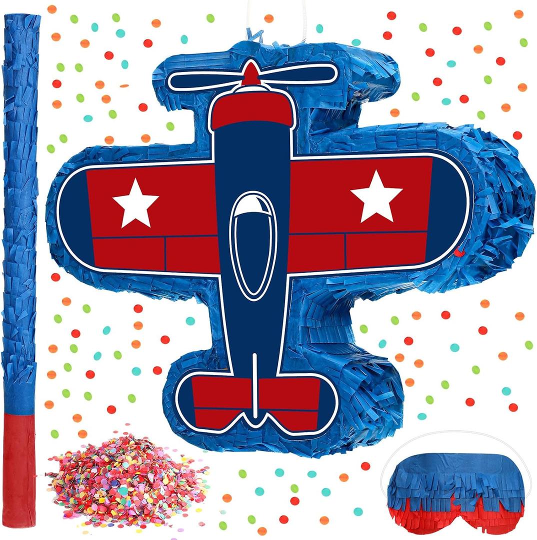 Jenaai Airplane Piata 16 x 12 x 3 Inch Plane Piata Bundle with Stick Blindfold and Confetti Patriotic Themed Party Gift for Boys Girls Plane Birthday Party Game Favors