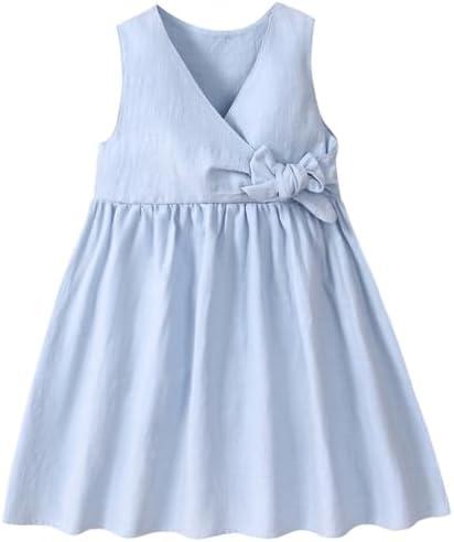 TIMOGG Toddler Girl Dress Summer Sleeveless Linen Cotton Dress Bow Kids Casual Dresses Clothes 100