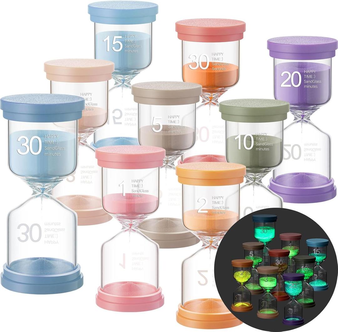 9 Pcs Luminous Sand Timers 0.5/1/2/3/5/10/15/20/30 Minutes Colorful Hourglass Glow in The Dark Sandglass Sand Clock Timer for Classroom Home Office Kitchen Cooking Decor