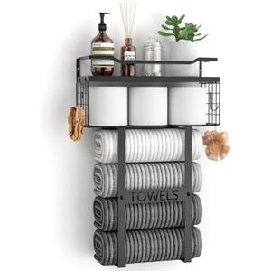 Wall Mounted Towel Rack for Bathroom - Bath Storage Holder Set Above Toilet, Rolled Towel Shelf Organizer, Wood Vertical Rack for Small Bathroom Decor, Black