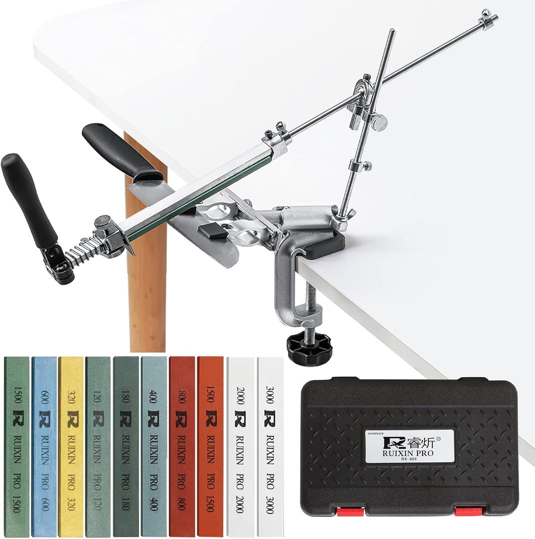 RUIXIN PRO RX-009 Professional Knife Sharpener with 10 Whetstones, 360 Rotation Flip Design Fixed-Angle Aluminum Alloy Kitchen Chef Knife Sharpening Kit Abrasive Holding System Tools (Silver)