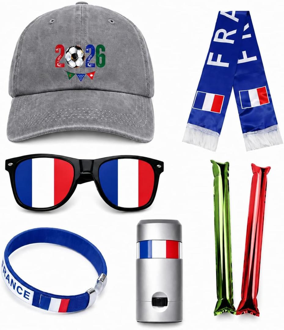 France Soccer Fan Gear Set, 7 Pcs 2026 Game Day Accessories with Hat, Scarf, Flag Sunglasses, Wristband, Flag Face Paint & Cheer Sticks, Soccer Party Supplies for Watch Parties (Gray)