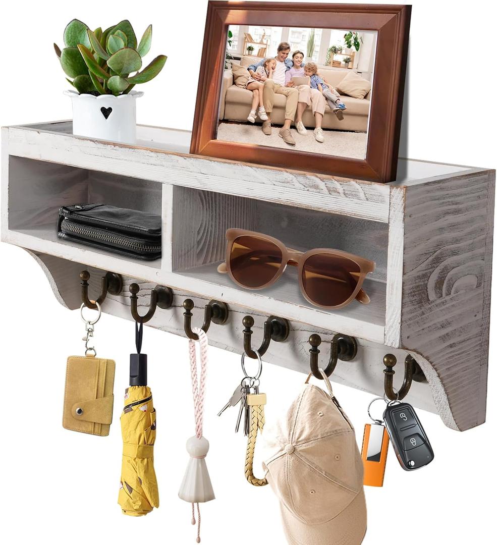 Key Holder Wall Mount - Mail Organizer Wall Mount with 6 Key Hooks and Storage Box for Sunglasses Storage and Dog Leash Holder Home Decor Rack Apartment Farmhouse Shelf Entryway Organizer (White)