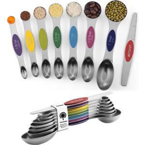 ChefAide Pack of 8 Stainless Steel Magnetic Measuring Spoons Set, Dual Sided, Stackable, Adjustable Teaspoon and Tablespoon Measure Spoon with Leveler, Kitchen Gadgets (Multicolor)