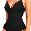 LODAY Shapewear Bodysuits for Women Deep V Neck Body Suit with Built in Bra (Large, Black)
