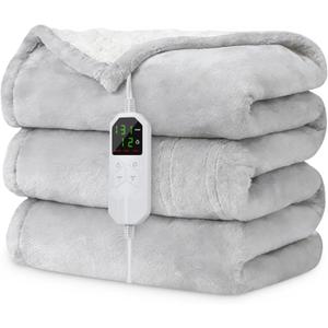 Electric Heated Blanket Twin 62" x 84", Soft Plush Flannel & Sherpa Electric Blanket with 8 Heat Settings, 1-12H Auto-Off, Fast & Even Heating, Machine Washable, Ideal for Home & Office, Light Gray