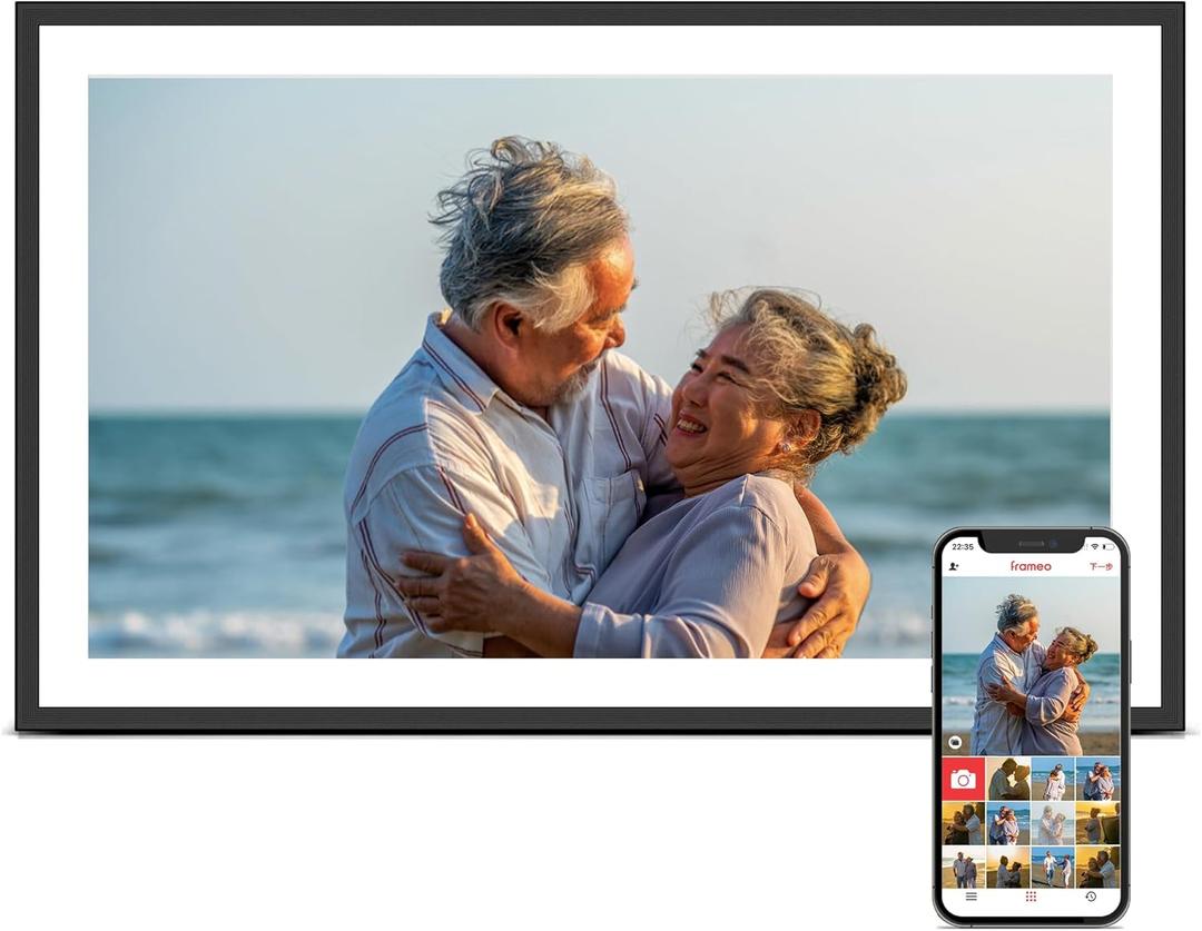 Digital Picture Frame, 15.6 Inch Large Frameo Digital Photo Frame WiFi, 32GB, 1920 * 1080 IPS HD Touch Screen, Tabletop&Wall-Mounted, Share Picture Video, Birthday, Wedding, for Mom (15.6'' Black with White Mat 32GB)