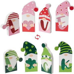 WDS WONDROUS Valentine Decor & St Patricks Day Decorations, 4 Pcs Double-Sided Love & Luck Gnome Wooden Reversible Sign for Table Tiered Tray Mantel Decorations