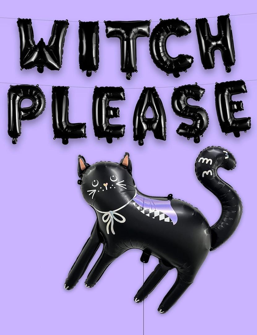 HOUSE OF PARTY Extra large 29.5 * 32 inch Black Cat Halloween Balloons Party Kit, 2 Sets of ' Witch Please' Letter Balloons + Witch's Cat Balloon for Halloween Birthday Party Decorations Supplies