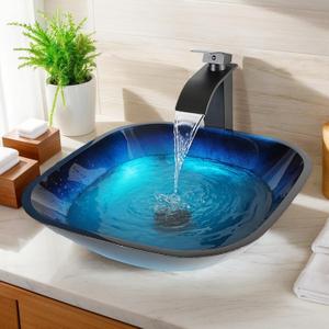 Glass Vessel Sink Blue Bathroom Sink Above Counter Vessel Sink with Faucet and Drain Combo 17 inch Square Vessel Bathroom Sink Bowl