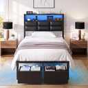 Petkulo Twin Bed Frame with 2 Storage Drawers, LED Lights & Charging Station, Upholstered Headboard with Shelves, Heavy Duty Metal Platform, No Box Spring Needed, Noise Free, Easy Assembly