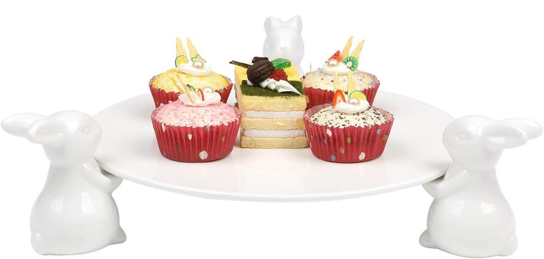 MyGift Decorative White Ceramic Cake Stand with Rabbit Design, 16-Inch Dessert Serving Tray