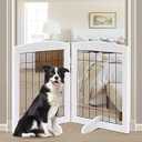 LZRS 2-Panel Freestanding Adjustable Wooden Dog Gate—30” Tall Foldable Pet Barrier with Support Feet, Solid Hardwood & Chew-Resistant Steel Wire for Doorways, Hallways, and Stairs, White