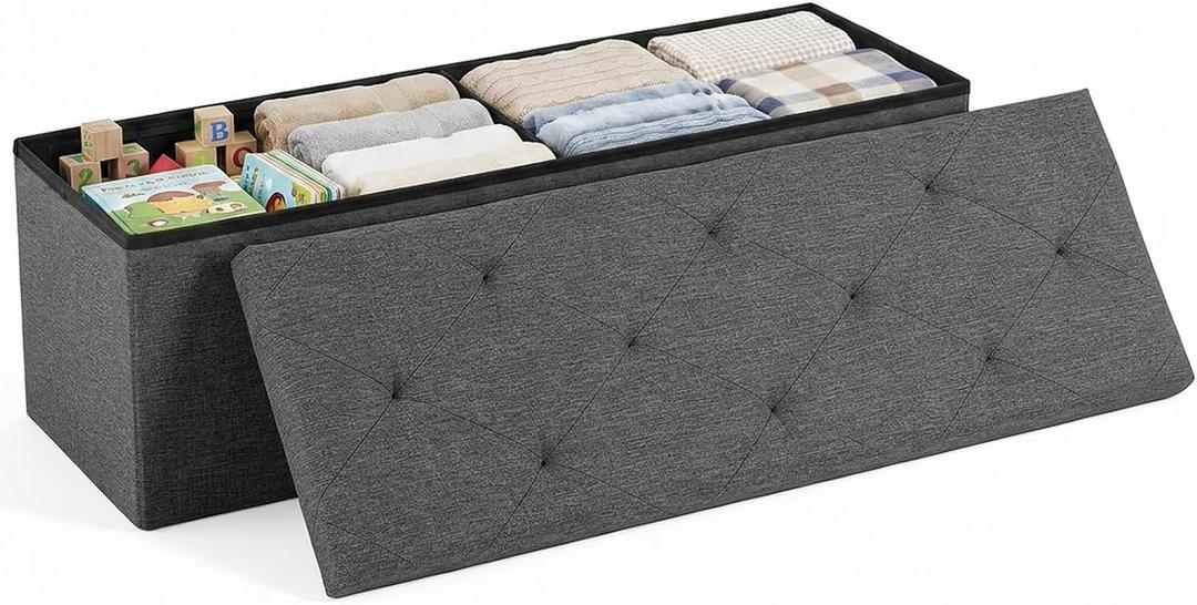 DUMOS 43 Inch Folding Storage Ottoman Bench, Large Hidden Storage Chest with Thicker Foam Padded Seat, End of Bed Foot Rest Stool for Bedroom Living Room Entryway, Load 660 lbs, Grey, 15"D x 43"W x 15"H