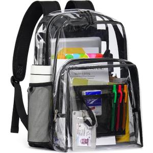 Clear Backpack for School, 17 inch Large Heavy Duty-TPU See Through Bookbag for Boys Girls and Adult, Transparent Backpack With Multi-Pockets for College Work Gym Sport, Black