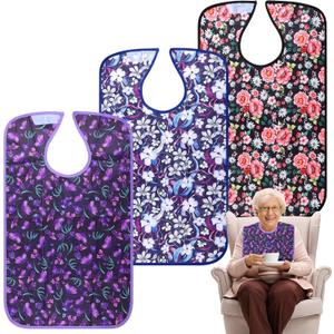 Adult Bibs - 3 Pcs Washable Clothing Protector with Crumb Catcher, Adult Bibs for Elderly Women Eating Washable Flower