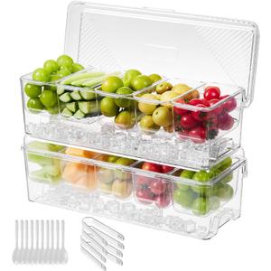Ice Chilled Condiment Caddy,Stackable Chilled Condiment Containers,Serving Platters with Lid and 5 Removable Compartments,Set of 5 Serving Spoons & 2 Clips (2pack)