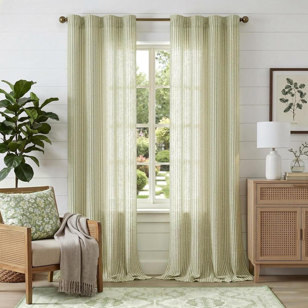 jinchan Linen Curtains for Living Room 96 Inches Long Sage Green Striped Curtains for Bedroom 2 Panels Ticking Stripe Pattern Light Filtering Drapes Farmhouse Rustic Window Treatment Back Tab 38"Wide