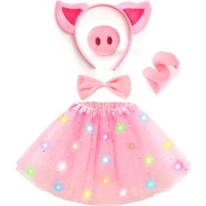 G.C Kids Light Up Pig Costume Girls Pig Ears Headband Nose Tail Bow Tie Tutu Skirt Accessories Animal Costumes Halloween Cosplay Birthday Gifts