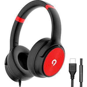USB C Wired Over-Ear Headphones with Mic, Hi-Fi Stereo Sound, Noise-Isolating Ear Cups, Comfortable Fit for iPhone15/16, Samsung Galaxy S24/S23, Type-C Phones & Tablets (Black&Red)