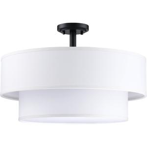 4 Light Off White Double Drum Fabric Shade Semi Flush Mount Ceiling Light,Close to Ceiling Light Fixture Black Finish,18 inch Semi Flush Drum Light for Bedroom,Living Room,Dining Room Hallway