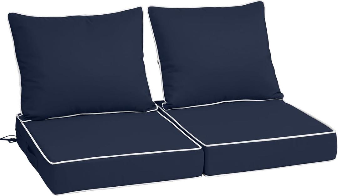 19x19x4in,Set2,Outdoor Chair Cushions with Back, Deep Seat Patio Cushions with Hidden Zipper Ties Handle, Waterproof Patio Furniture Replacement Cushion for Rattan Sofa,Navy+White Piping