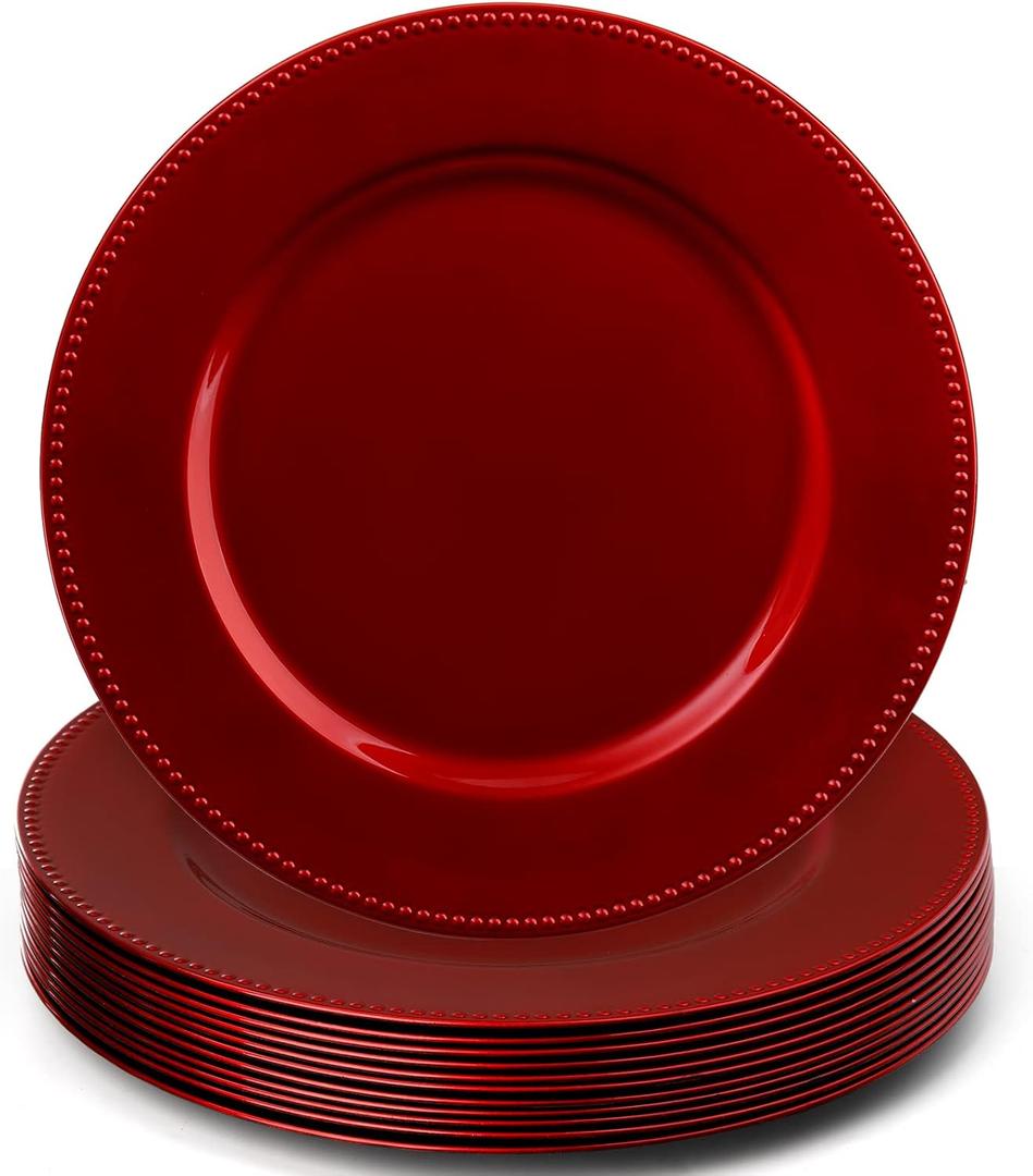 Okllen 12 Pack Plastic Round Charger Plates, 13" Red Beaded Charger Plates Decorative Dinner Chargers, Embossed Charger Serving Plates for Wedding, Catering Event, Tabletop Decor