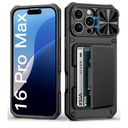 for iPhone 16 Pro Max Case Wallet, Built-in Card Holder (4-5 Cards), Slide Lens Cover, Military Drop Protection, Rugged Heavy Duty Men Women Protective Phone Case for iPhone 16 Pro Max, Black