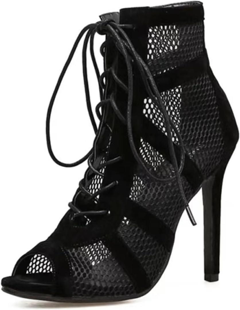 UTIKLIOU Women's Mesh Sandals Peep Toe High Top Sandals Lace Up Summer Boots Buckle Strap Party Sexy Pump Shoes Open toe (11, Black#1)